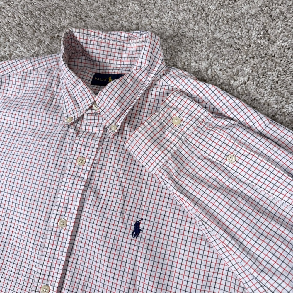 Ralph Lauren Shirt Mens Large White Orange Navy Tattersall‎ Check Button Down